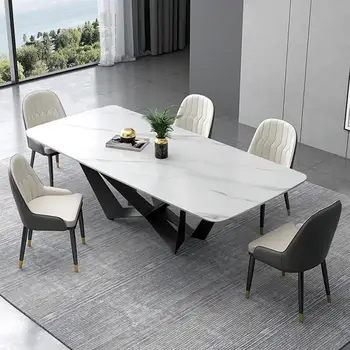 Ayana Modern Fehér Étkező Asztal, Téglalap alakú, Szinterezett Kő Asztali, Fekete szénacél Lábak, Set, 4, 63