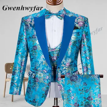 Gwenhwyfar Az Elegáns Kék Tó Férfi Magas Minőségű Jelmezt Luxus Virágos Jacquard Vőlegény Esküvői Buli, Bál Öltöny Szmoking 3 Db