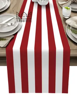 Piros-Fehér Csíkos Tábla Futó Haza Esküvői Asztal Zászló Mat Asztali Dísz Dekoráció Parti Étkezési Hosszú Terítő